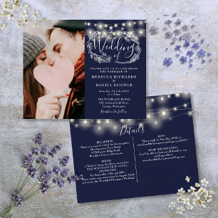 Budget Navy Blue Lights Photo Wedding Invite