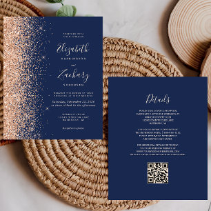 Budget Navy Blue Peach QR Code Wedding Invite