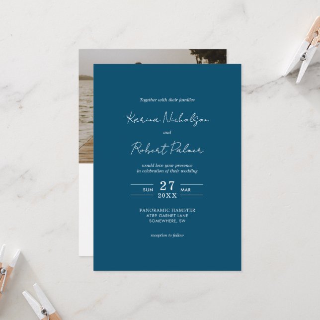 Budget Navy Blue Photo QR Code RSVP Wedding Invitation (Front/Back In Situ)