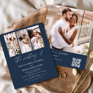 Budget Navy Blue Photo QR code Wedding Invitation Flyer