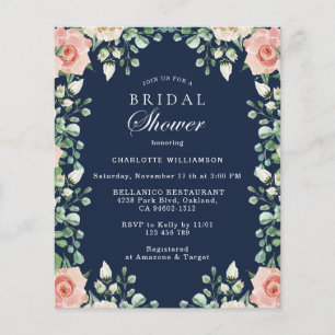 Budget Navy Blue Pink Floral Bridal Shower Flyer