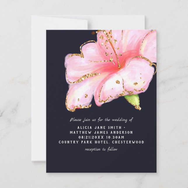 Budget Navy Blue Pink Gold Floral Wedding Invites (Front)