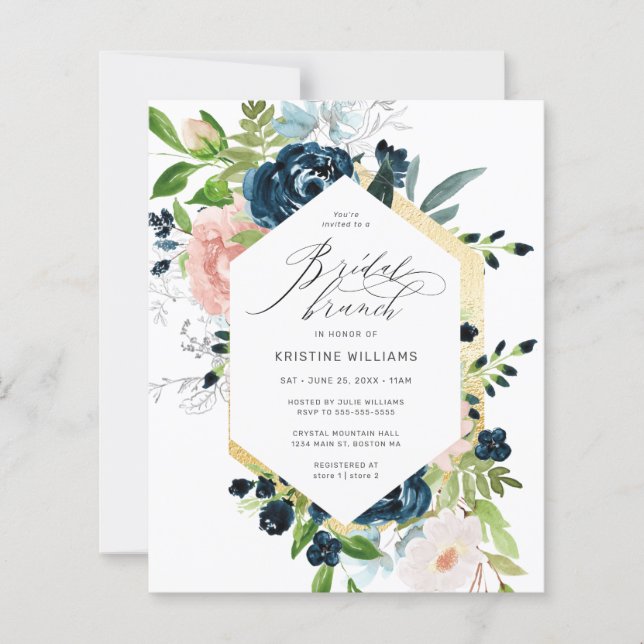 Budget Navy Blue Pink Rose Floral Bridal Brunch (Front)
