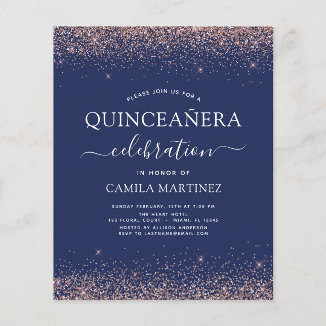 Budget Navy Blue Quinceanera Rose Gold Pink Flyer (Front)