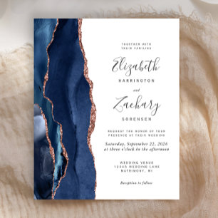 Budget Navy Blue Rose Gold Agate Wedding Invite