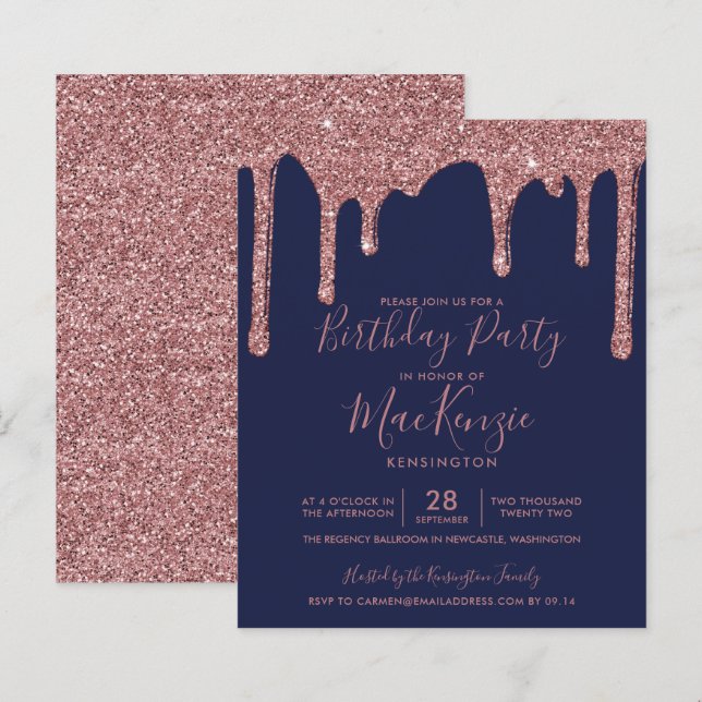 BUDGET Navy Blue Rose Gold Glitter Drips Birthday (Front/Back)