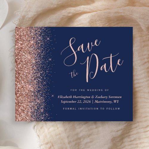 Budget Navy Blue Rose Gold Glitter Save the Date