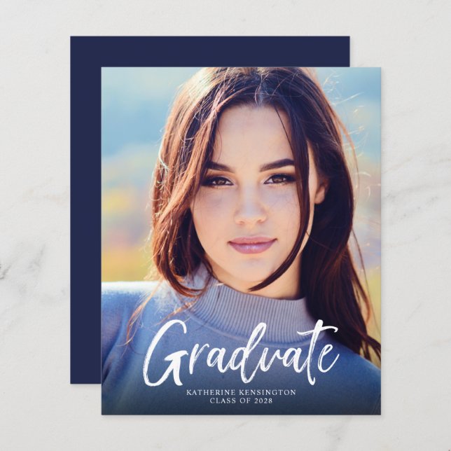 Budget Navy Blue Script Graduation Announcement (Front/Back)