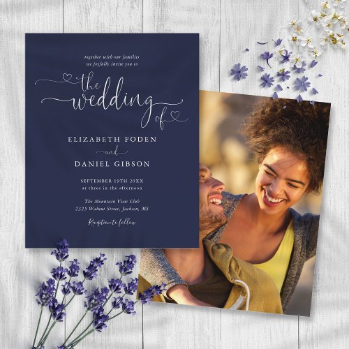 Budget Navy Blue Script Photo Wedding Invitation