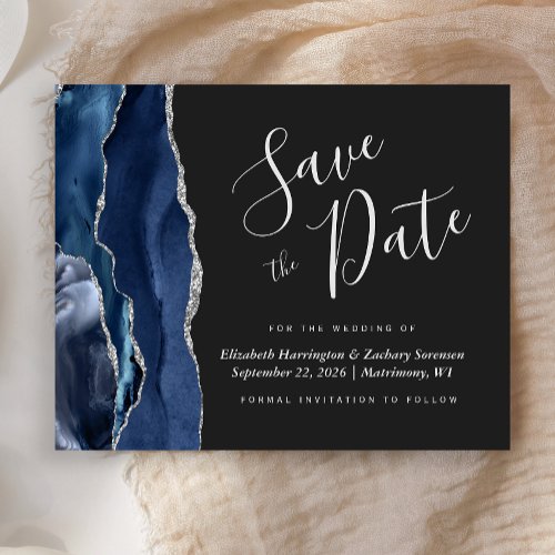 Budget Navy Blue Silver Agate Dark Save the Date
