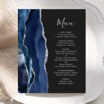 Budget Navy Blue Silver Agate Dark Wedding Menu<br><div class="desc">The left-hand edge of this elegant modern wedding menu features a navy blue watercolor agate border trimmed with faux silver glitter. The customizable text combines handwriting script and copperplate fonts in silver gray on an off-black background. The reverse side features a matching navy blue and silver agate design.</div>