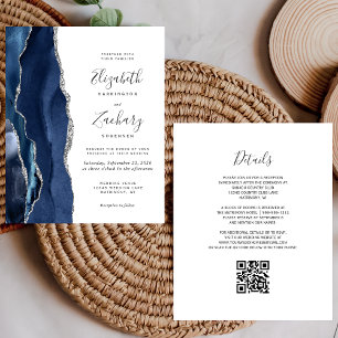 Budget Navy Blue Silver Agate QR Code Wedding