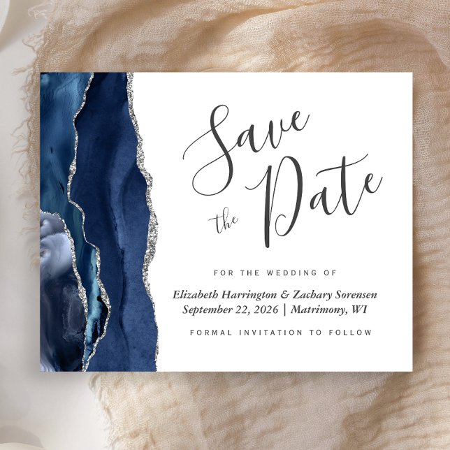 Budget Navy Blue Silver Agate Save the Date (Creator Uploaded)