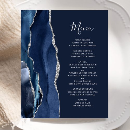 Budget Navy Blue Silver Agate Wedding Menu