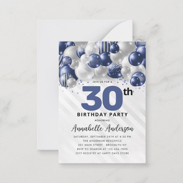 Budget Navy Blue Silver Balloon Glitter Birthday Note Card (Front)
