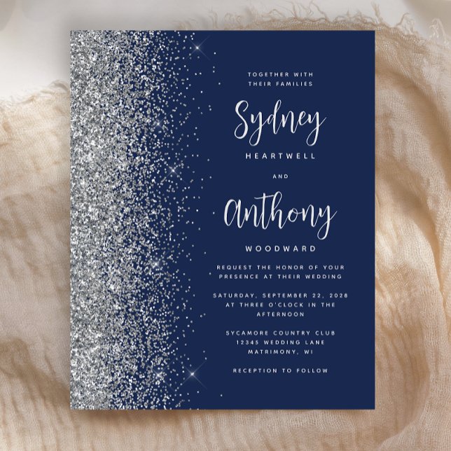 Budget Navy Blue Silver Calligraphy Wedding Invite (Creator Uploaded)