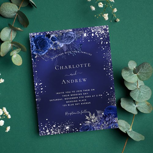 Budget navy blue silver floral wedding invitation