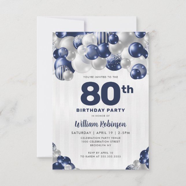 Budget Navy Blue Silver Glitter Balloon Birthday Note Card (Front)