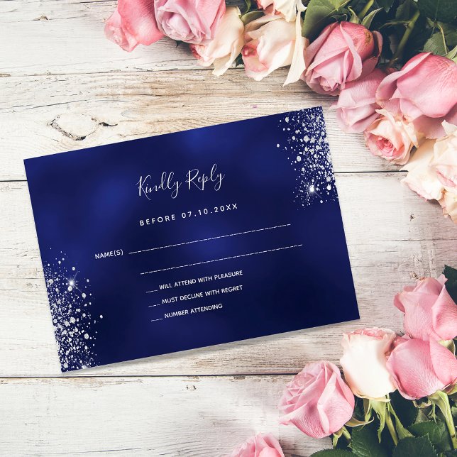 Budget navy blue silver glitter dust wedding RSVP Note Card (Creator Uploaded)