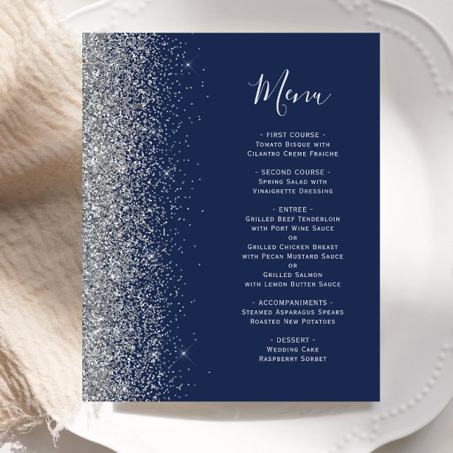 Budget Navy Blue Silver Glitter Edge Wedding Menu (Creator Uploaded)