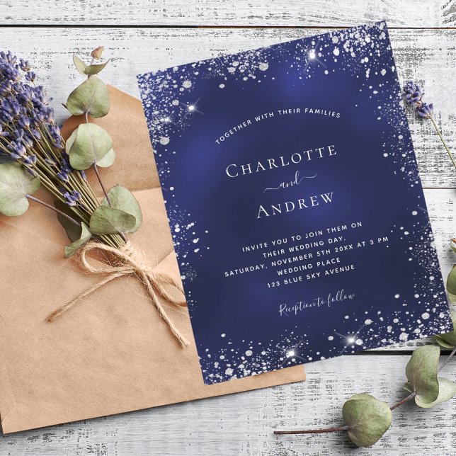 Budget navy blue silver glitter wedding invitation (Creator Uploaded)