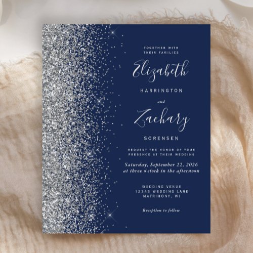 Budget Navy Blue Silver Glitter Wedding Invitation