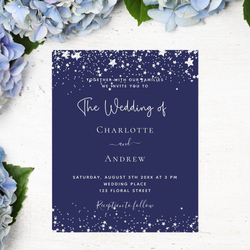 Budget navy blue silver stars wedding invitation