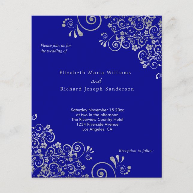 Budget Navy Blue Silver Swirls Wedding Invitation (Front)