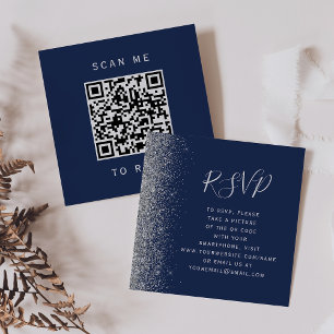 Budget Navy Blue Silver Wedding QR Code RSVP Enclosure Card
