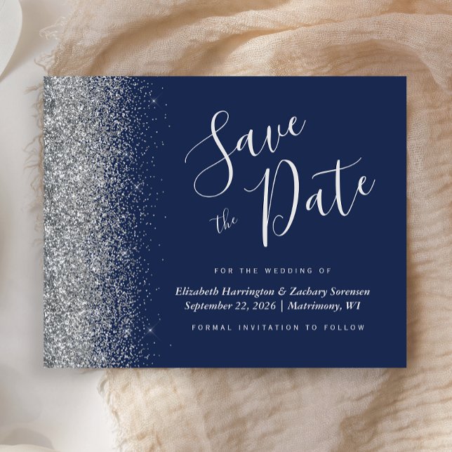Budget Navy Blue Silver Wedding Save the Date (Creator Uploaded)