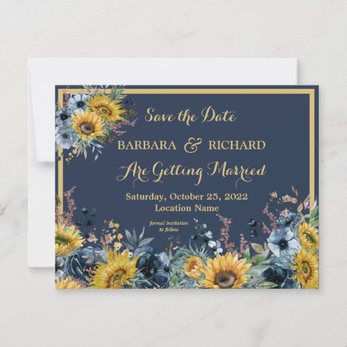 Budget Navy Blue Sunflower Floral Save Date  Invitation