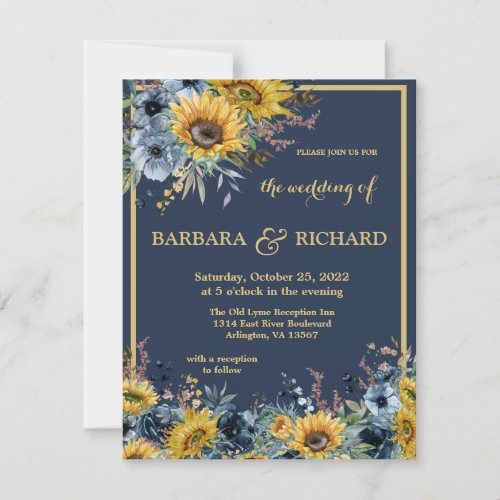 Budget Navy Blue Sunflower Floral Wedding  Invitation