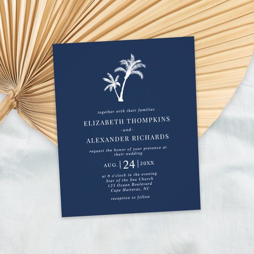 Budget Navy Blue Tropical Palm Wedding Invitation Flyer