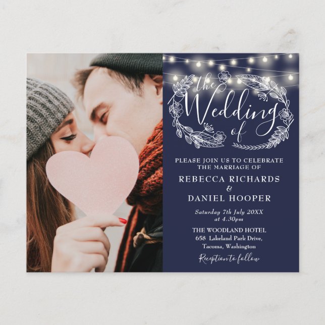 Budget Navy Blue Wedding Details Photo Invite (Front)
