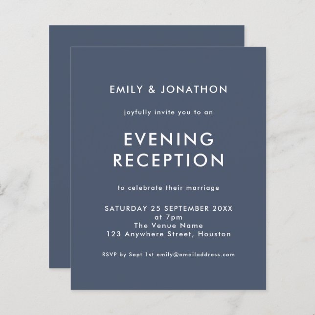 Budget Navy Blue Wedding Evening Reception invite (Front/Back)