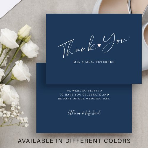 Budget navy blue wedding thank you script note card