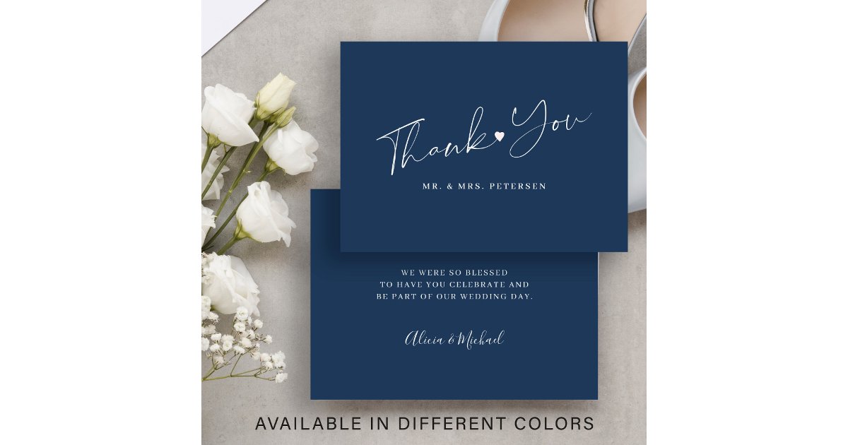 Budget navy blue wedding thank you script note card | Zazzle