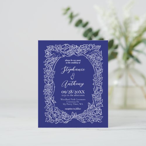 Budget Navy Blue White Floral Wedding Invitation