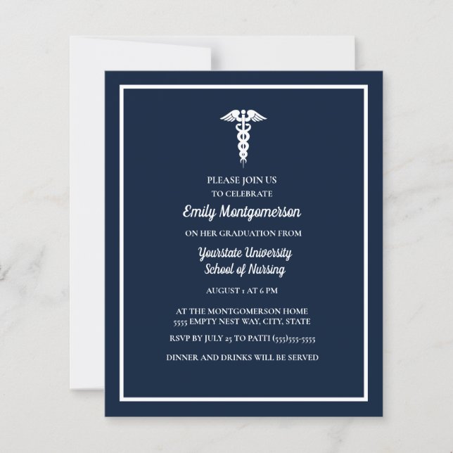 BUDGET Navy Blue White Nursing School Graduation  (Front)