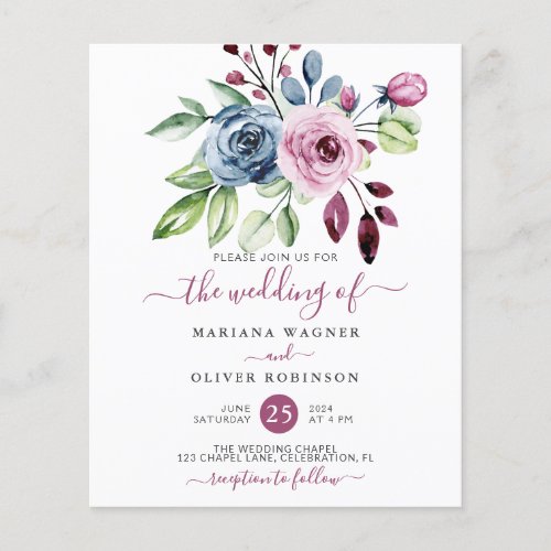 Budget Navy Blue Wine Floral Wedding Invitation Flyer