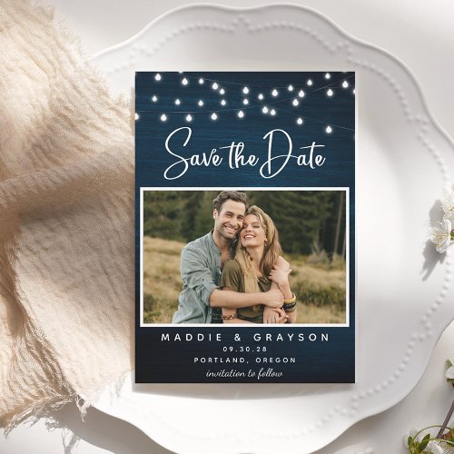 Budget Navy Blue Wood Lights Photo Save the Date  Flyer