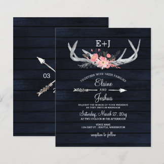 Budget Navy Blush Floral Antler Wedding Invitation