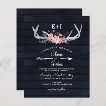 Budget Navy Blush Floral Antler Wedding Invitation