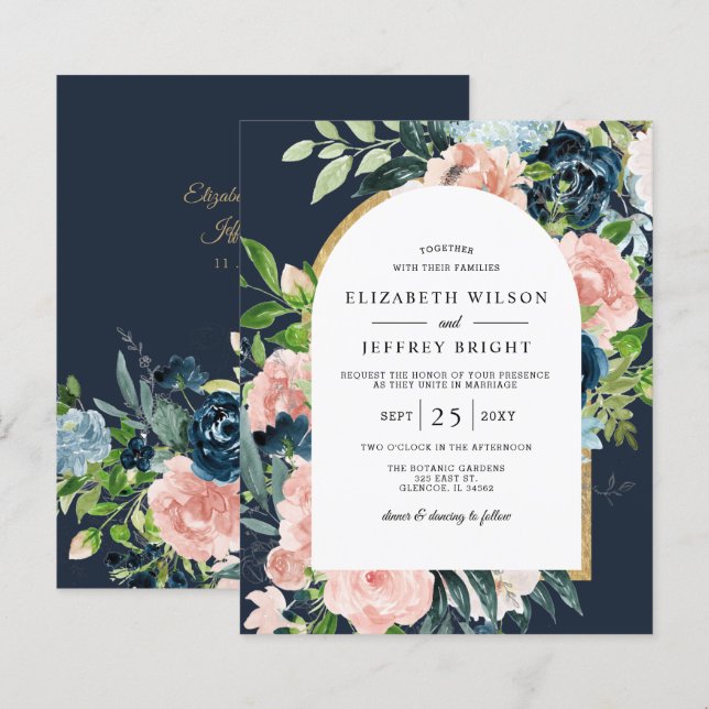 Budget Navy Blush Floral Arch Wedding Invitation (Front/Back)
