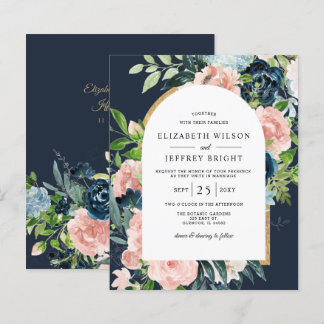 Budget Navy Blush Floral Arch Wedding Invitation