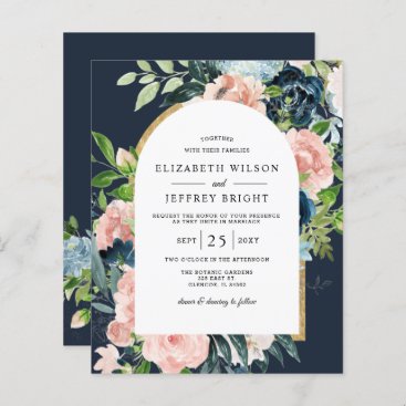 Budget Navy Blush Floral Arch Wedding Invitation