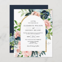 Budget Navy Blush Floral Arched Wedding Invitation