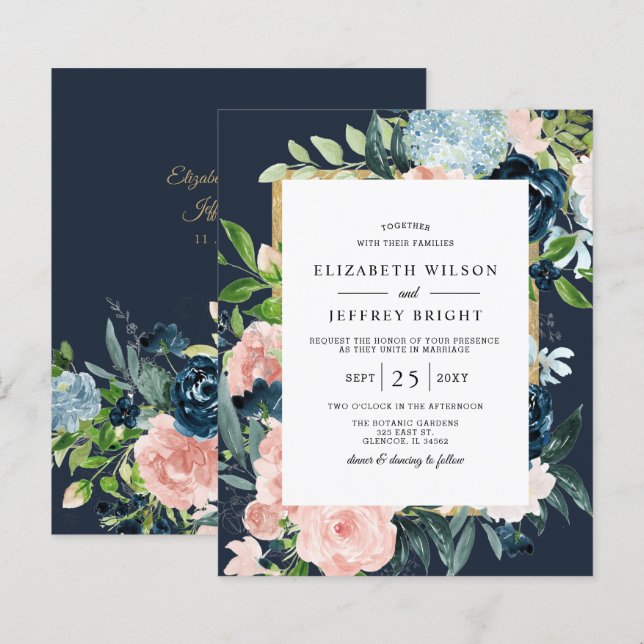  Budget Navy Blush Gold Floral Wedding Invitation (Front/Back)