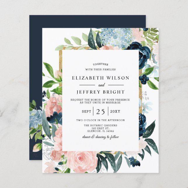 Budget Navy Blush Gold Floral Wedding Invitation (Front/Back)