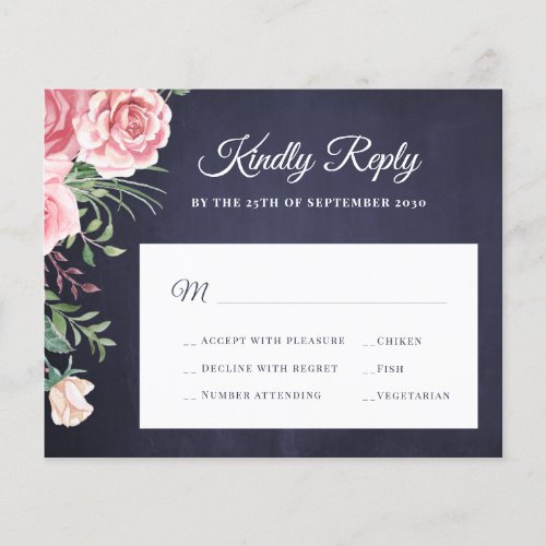 Budget navy blush pink floral wedding RSVP Flyer